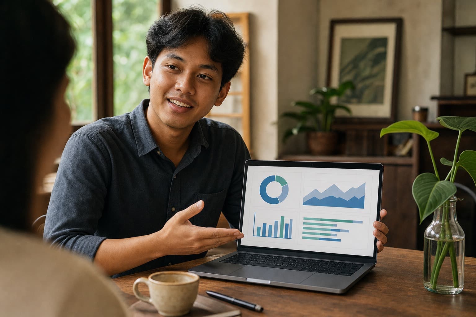 Partner affiliator GadaiHub menunjukkan dashboard komisi di laptop