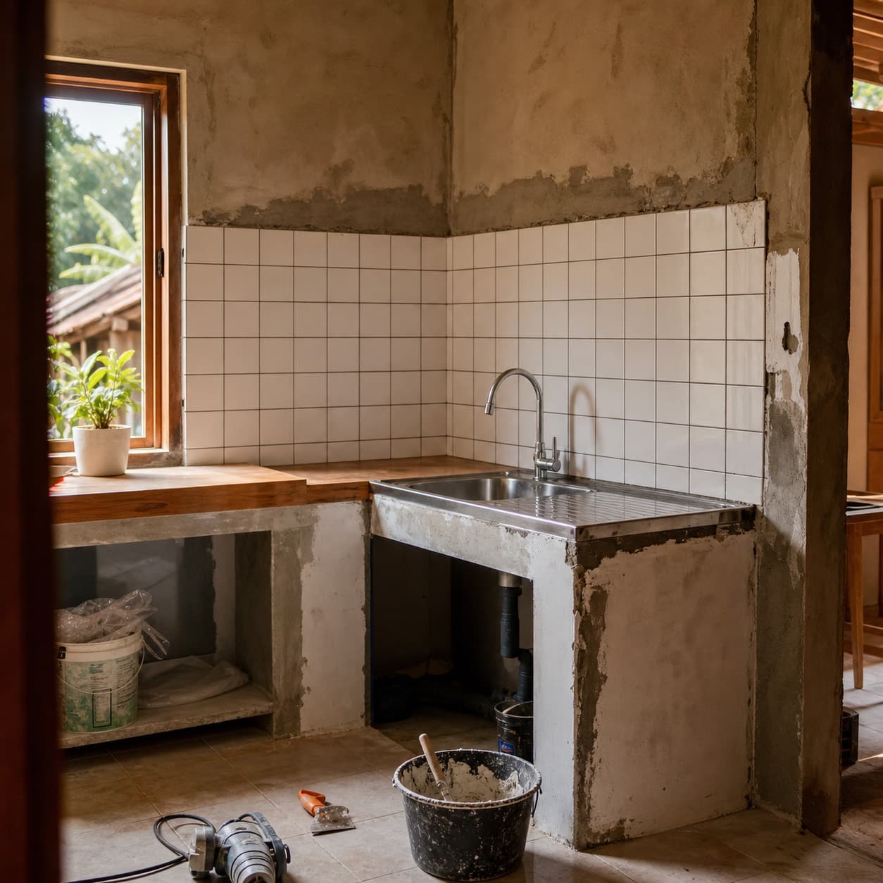 Sudut dapur rumah yang sedang direnovasi